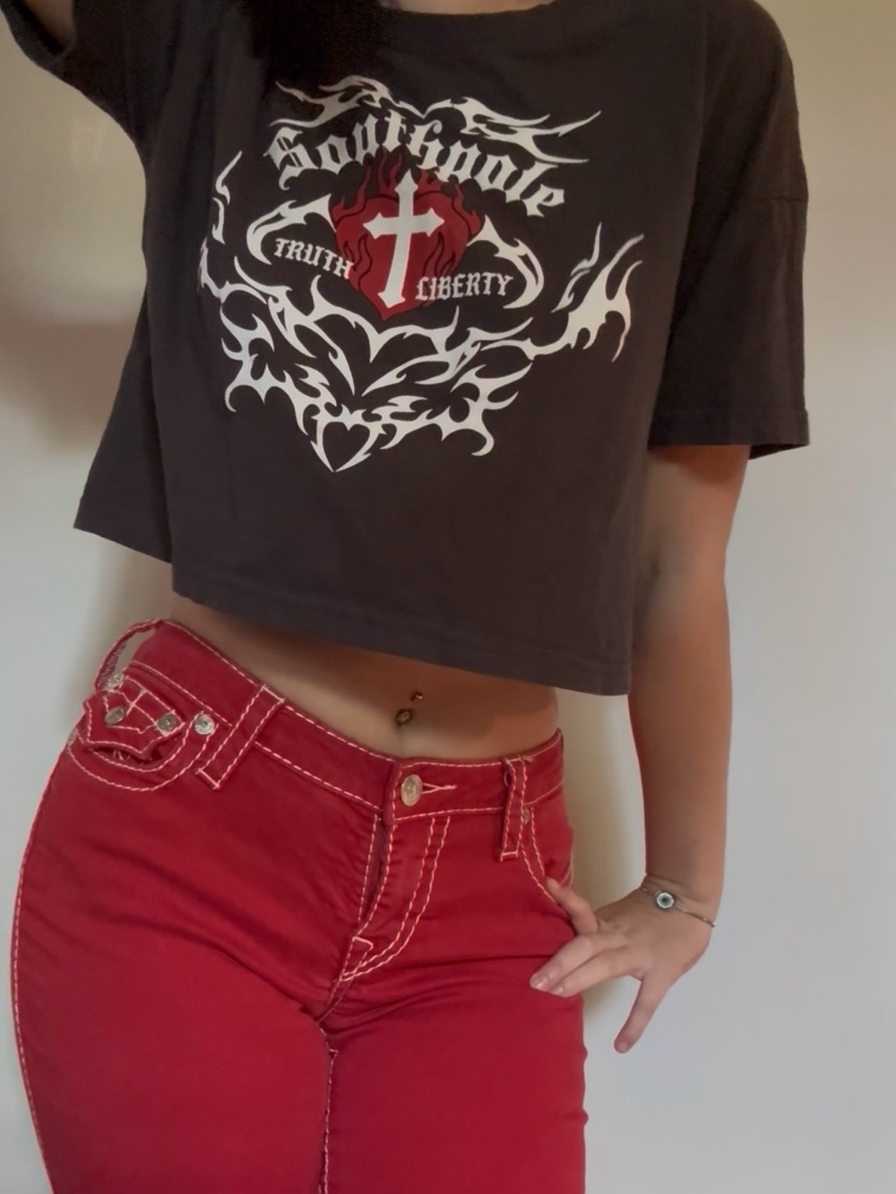 Women's Southpole Black Graphic Crop Top with Cross Motif